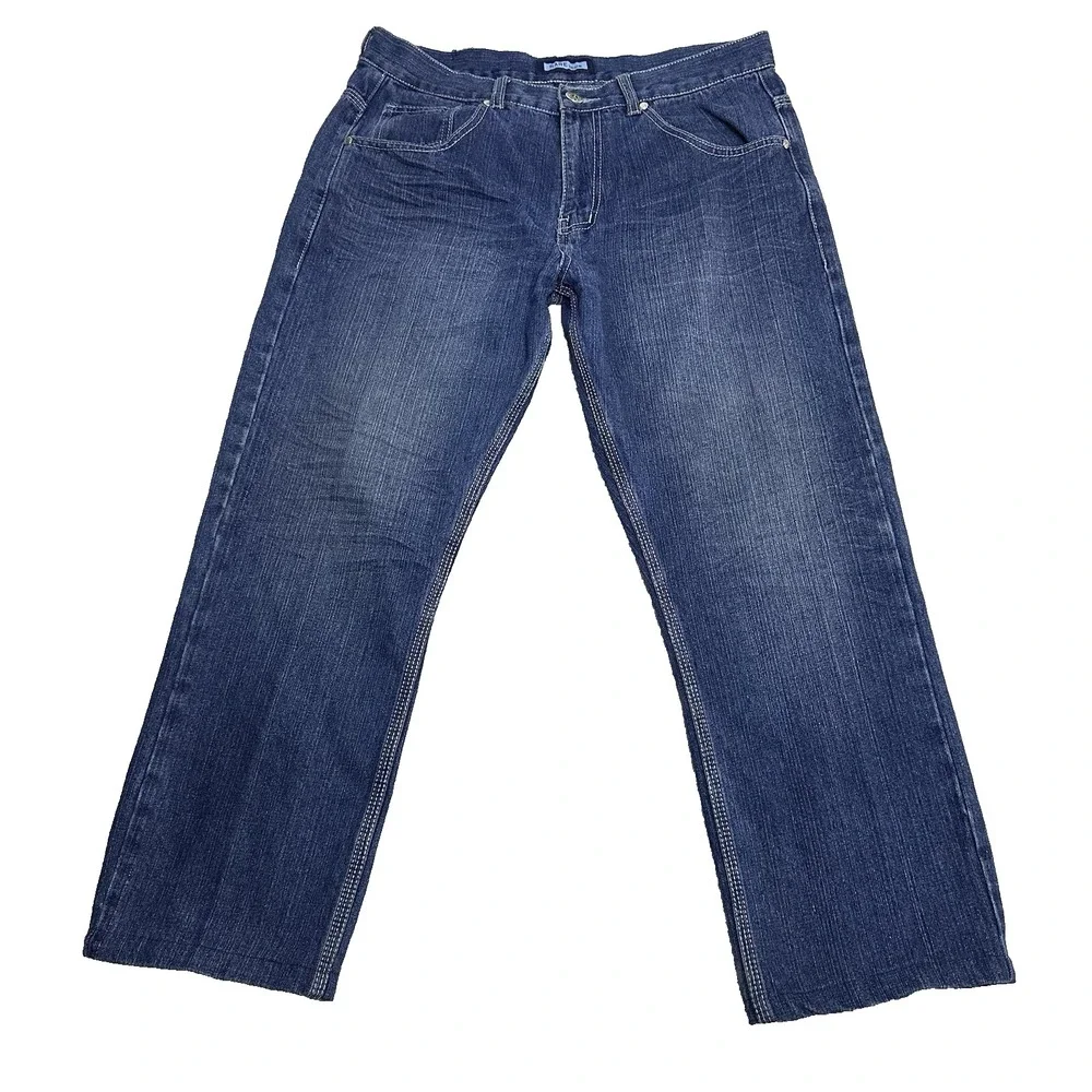 Mens‎ 36x26 Straight Leg Jeans Dark Wash Streetwear Embroidered Crest Cotton